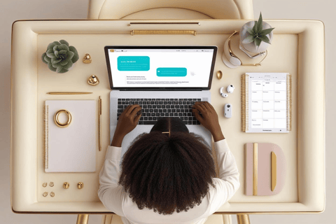 a woman sitting at a desk with a laptop and a phone chatting with Ai creating her biz