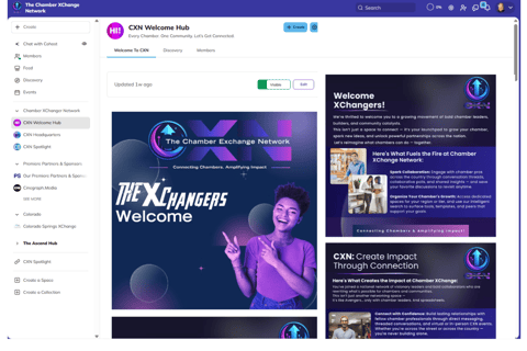 Chamber XChange welcome hub with sidebar links and a spotlight message for new members.