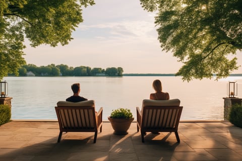 a couple sitting on a patio with a view of a lake