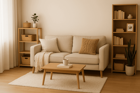 Cozy living: Minimalist living room with earthy tones, neatly organized shelves, and woven baskets.