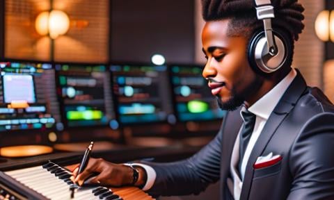 a man in a suit and headphones is playing music on a keyboard