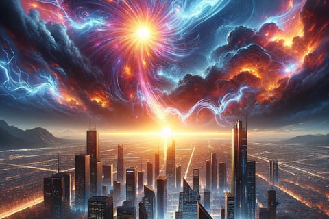 a cityscape of a city with a large explosion of lightening