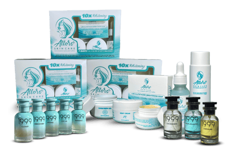 Collection of Allors Skin Care products and Eau de Parfum bottles with brightening soaps, creams, and serums