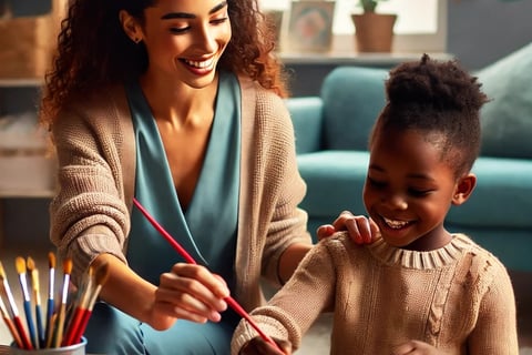 a woman and child are smiling and playing with paint