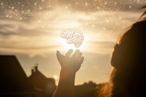 Hand holding an illuminate brain map showing the brain before meditation.