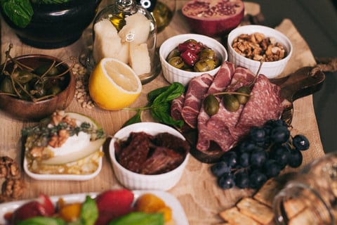 Healthy variety of food from ham to berries, nuts and lemons. Healthy choice for your mental health