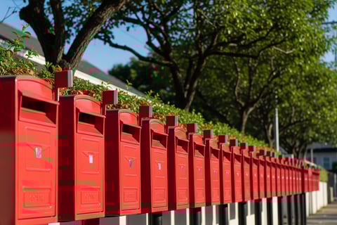 A bank of red mailboxes in front of some trees.