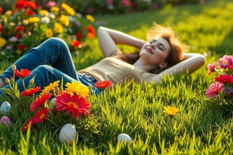 a woman laying on the grass with eggshells