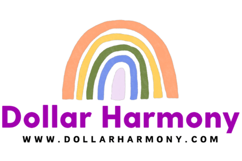Dollar Harmony Logo a colored rainbow with text and web address underneath