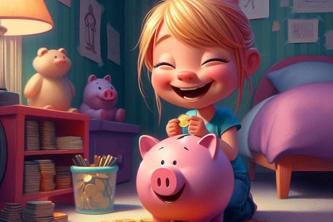a girl sitting on a bed with a piggy piggy