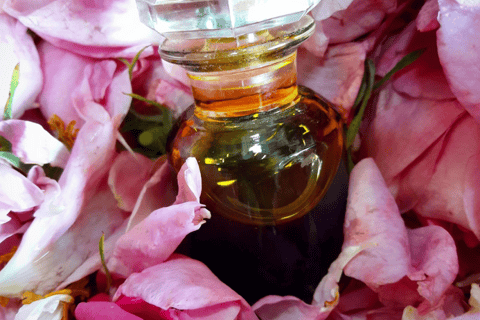 Perfume flask with rose petals