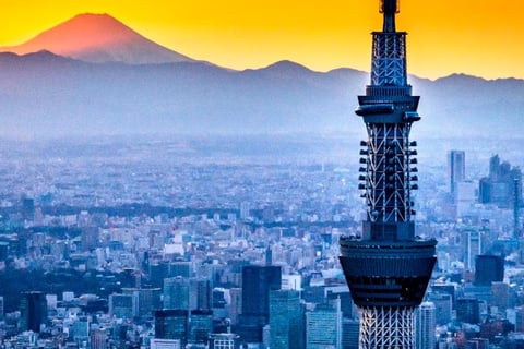 Tokyo skytree with mount fuji at sunset