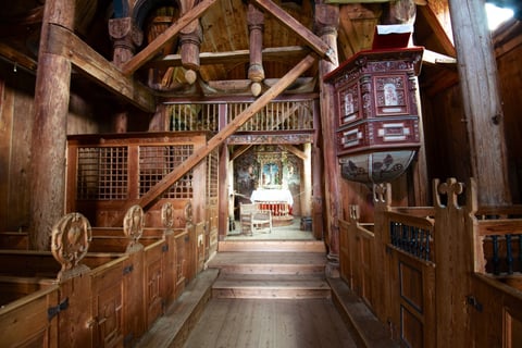 Inside stave church Urnes