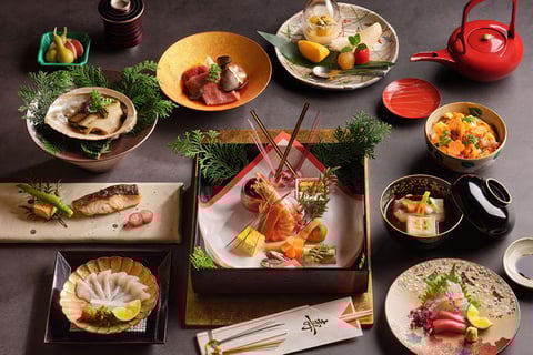 traditional japanese food with diverse little dishes