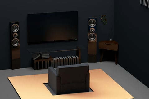 Smart home setup with wooden speakers and TV