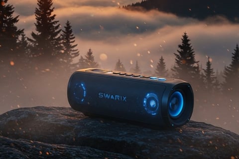 Swarix party speaker on rocks with scenic, vibrant vibe