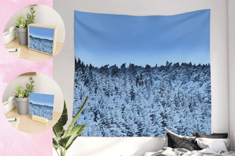 Forest printed on a wall tapestry same image on small prints in circle inserts