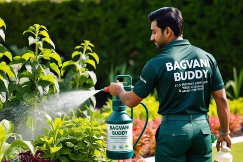 Gardener applying eco-friendly solutions to promote plant growth and prevent future weeds.