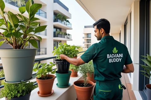 Gardener inspecting plant health, soil, and light conditions for a customized maintenance plan.