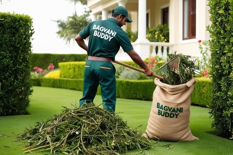 Gardener cleaning up debris and clippings after hedge cutting.