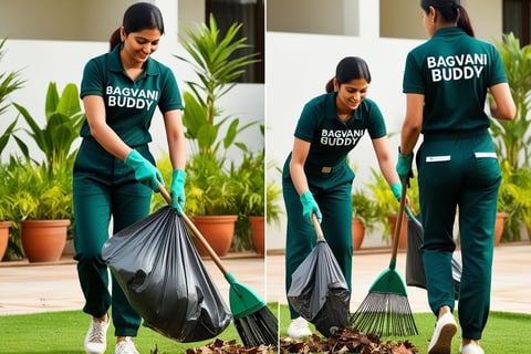 Gardener cleaning the garden and removing waste for a tidy and fresh look.