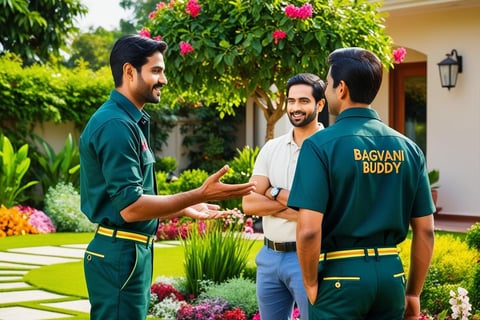 Gardeners and homeowner, discussing garden care tips after the visit.