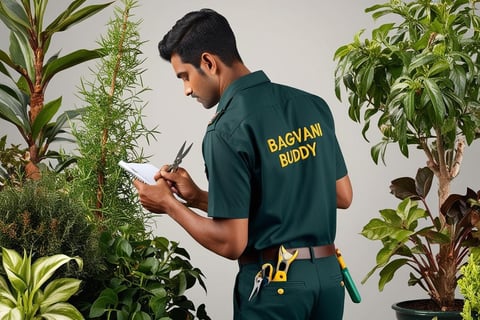 Gardener assessing plants to plan effective trimming and pruning for health.