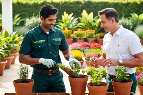 Gardener positioning pots according to preferences and offering plant care tips.