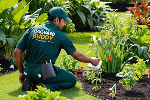 Gardener inspecting the garden to identify and prioritize weed-affected areas