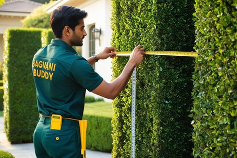 Gardener measuring hedges to determine size and shape for cutting.