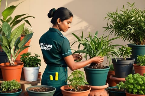 Gardener assessing pots and plants for re-potting or shifting.