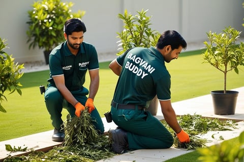 Gardener tidying up after pruning and topiary, leaving a spotless garden.