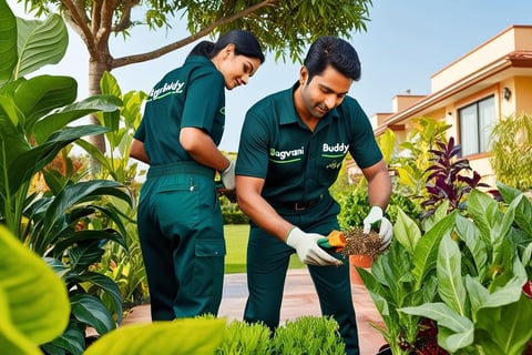 Two gardeners inspecting plants for pests or diseases and applying treatments.