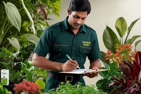 Gardener conducting plant assessment in the garden, taking notes for fertilizing plan.