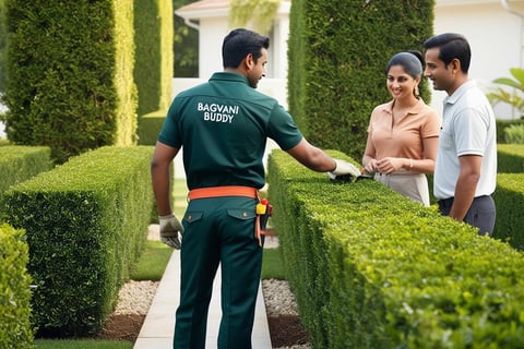 Gardener reviewing hedge cutting work with the client for satisfaction.