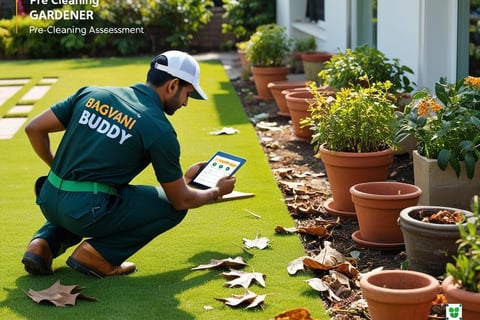 A gardener performing a pre-cleaning assessment on a tablet for garden cleaning.