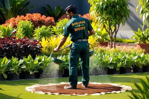 Gardener applying fertilizer evenly to plants for optimal growth and absorption.