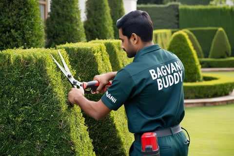 Gardener using specialized tools to trim hedges with precision.