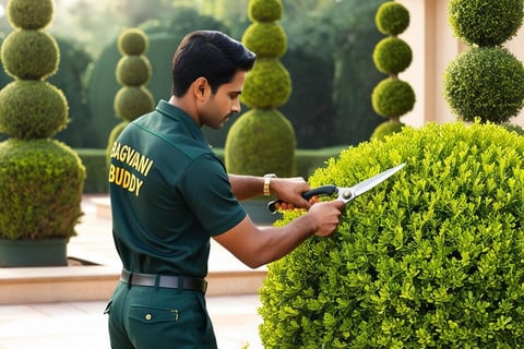 Gardener expertly trimming and shaping plants for clean lines and stunning aesthetics.