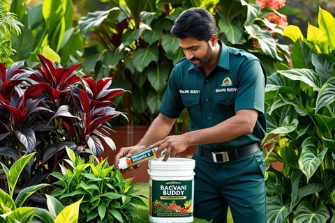 Gardener using high-quality fertilizers and medicines to enhance plant growth and prevent stress.