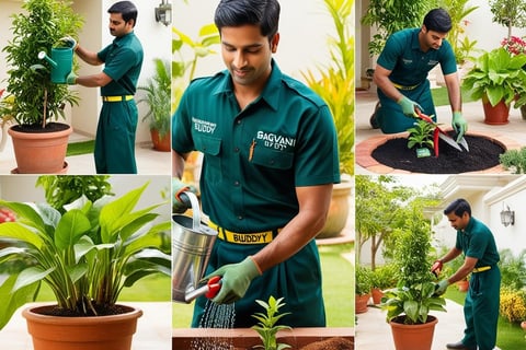 Gardener performing tasks like watering, pruning, and pest checks to ensure plant health.