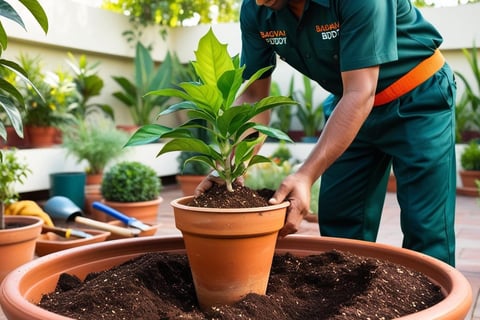 Gardener re-potting plants or shifting them carefully within the same floor.