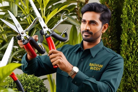 Gardener using professional tools for precise pruning and topiary.