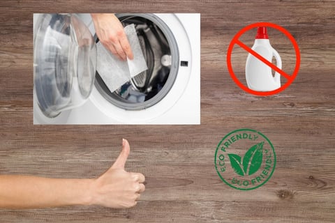 Eco-friendly symbol, high efficiency washer, dissolvable laundry detergent sheet thumbs up