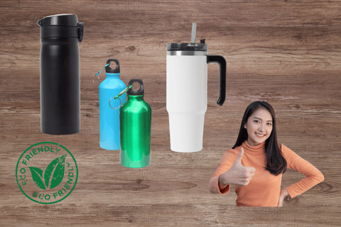 Collage of reusable beverage containers, eco friendly symbol smiling girl thumb up