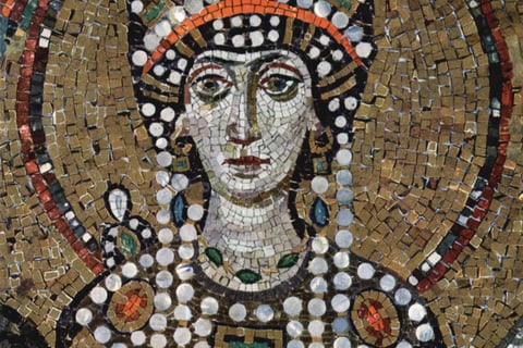 Detail of a 6th-century mosaic of Empress Theodora (r. 527–548) in San Vitale, Ravenna. Theodora and