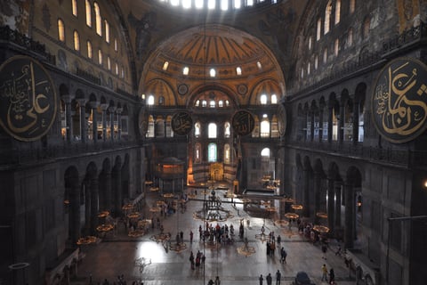 Interior of Hagia Sophia, Constantinople (modern Istanbul). This 6th-century church, rebuilt by Jus