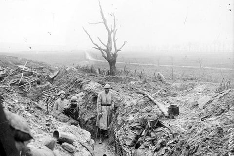 Tranchées dévastées dans le secteur de Vacherauville, au nord de Verdun.