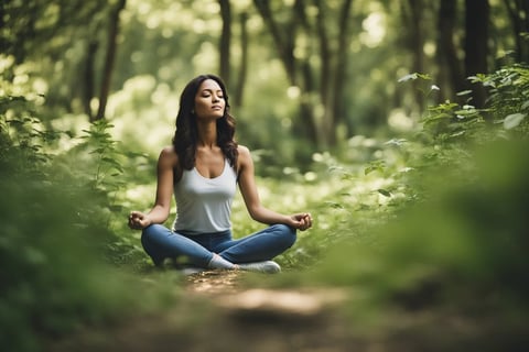 Young woman doing pranayama meditation in nature, seated calmly on a forest path with focused breath