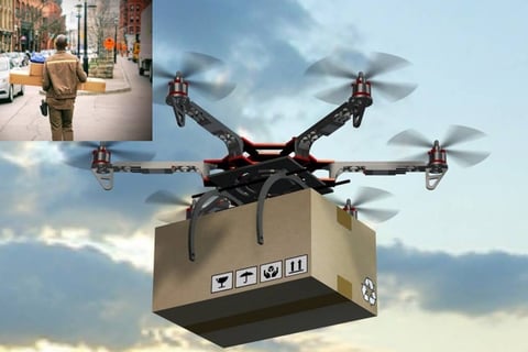 Drone delivering a package and the other showing a friendly human courier handling packages.